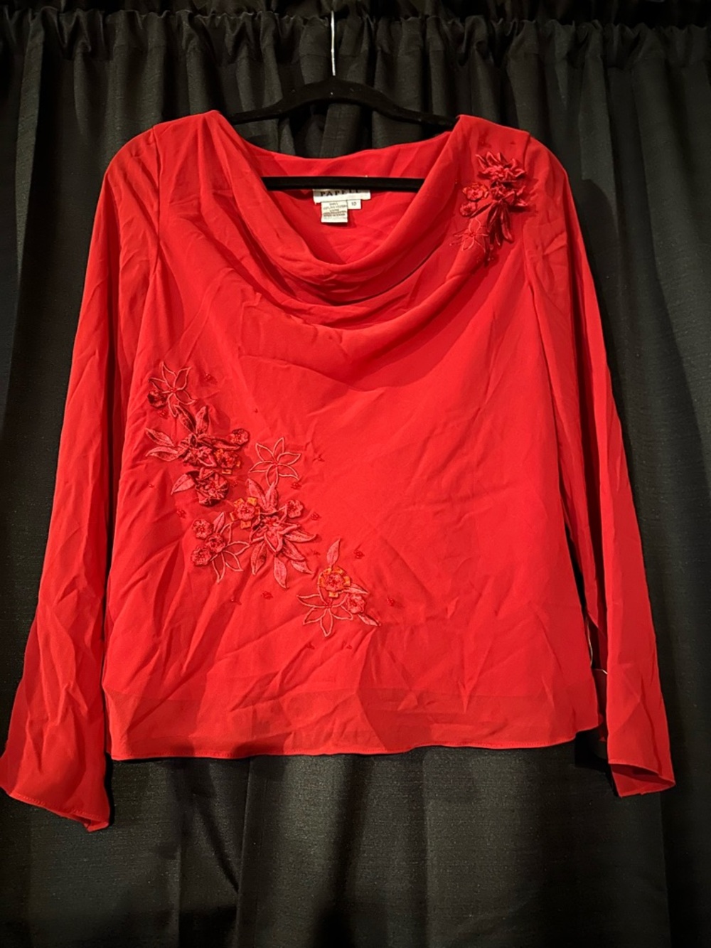 Adrianna Papell Red Cowl Neck Long Sleeve Top with Floral Embroidery